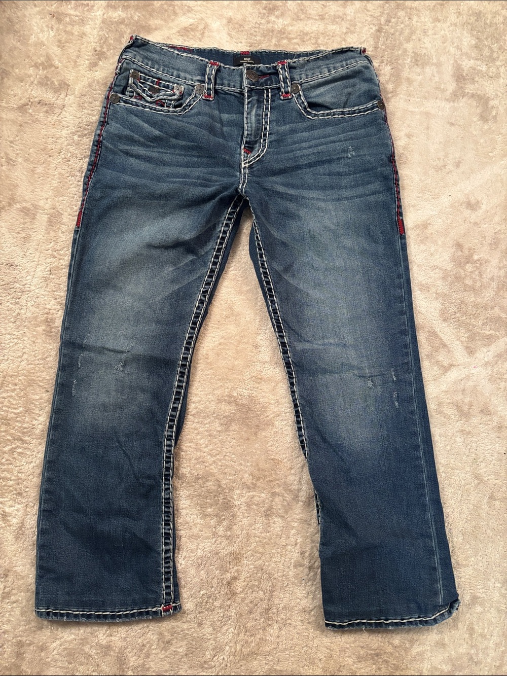True Religion Men's Dark Blue Bootcut Jeans with Red Trim